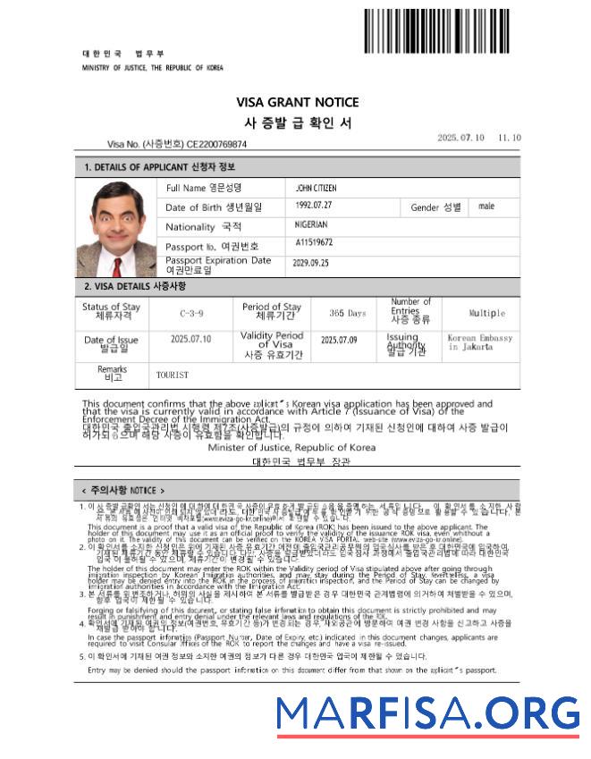 Downloadable Korea e visa template in Word and Pdf formats